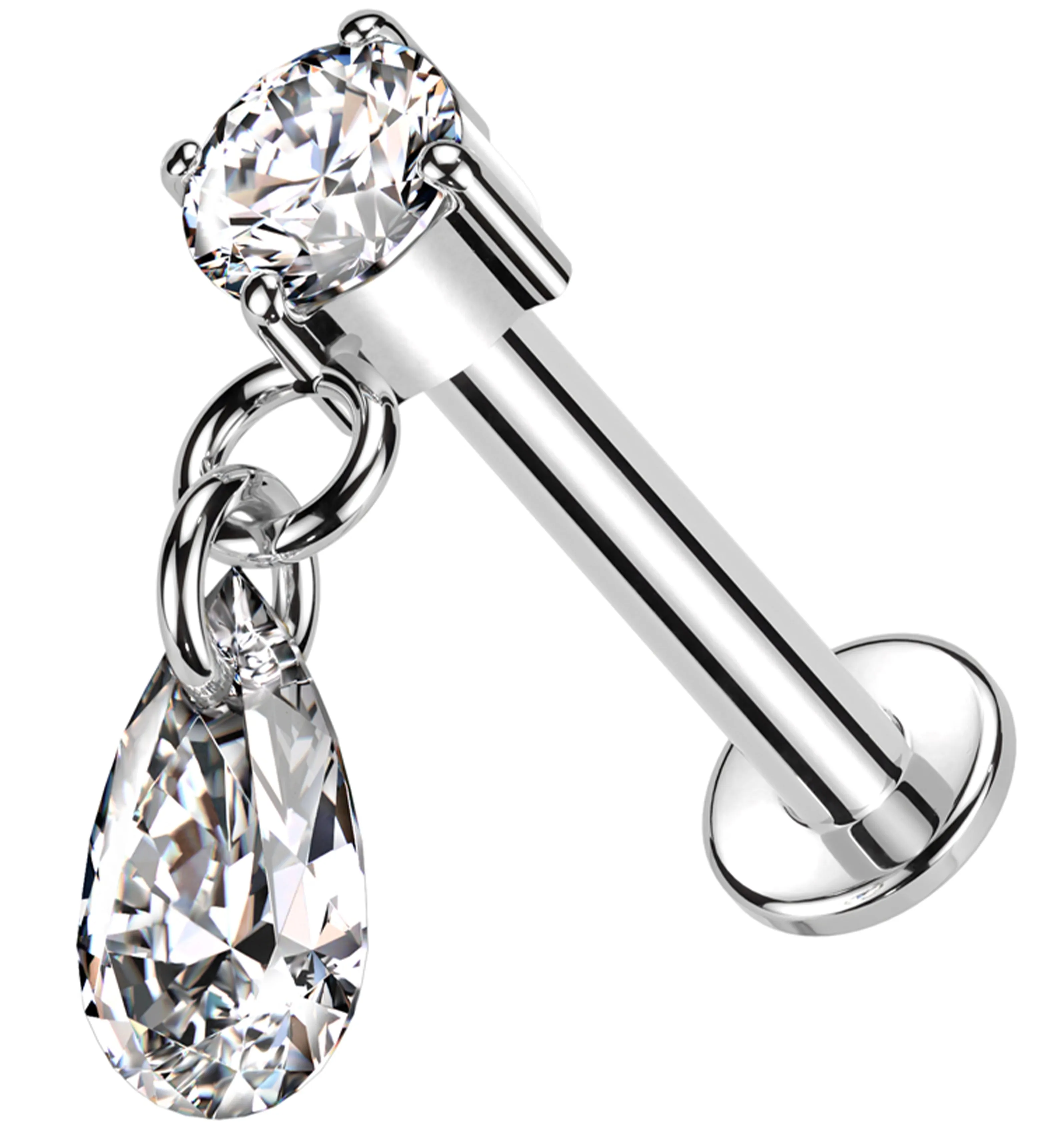 14kt White Gold Teardrop Dangle Clear CZ Internally Threaded Labret