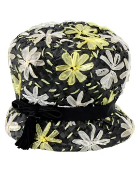 1960s Vintage Black Woven Floral Bucket Hat