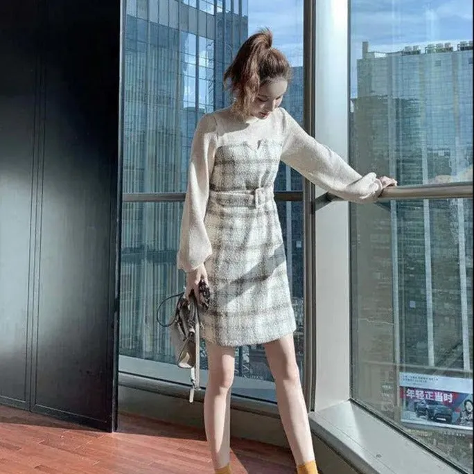 2-in-1 Plaid Dress With Waistbelt And Lantern Sleeves