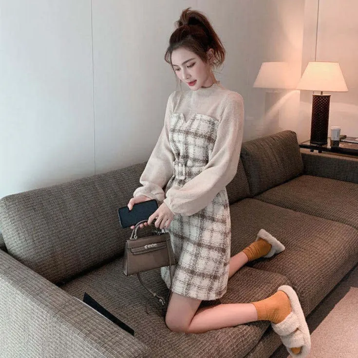 2-in-1 Plaid Dress With Waistbelt And Lantern Sleeves