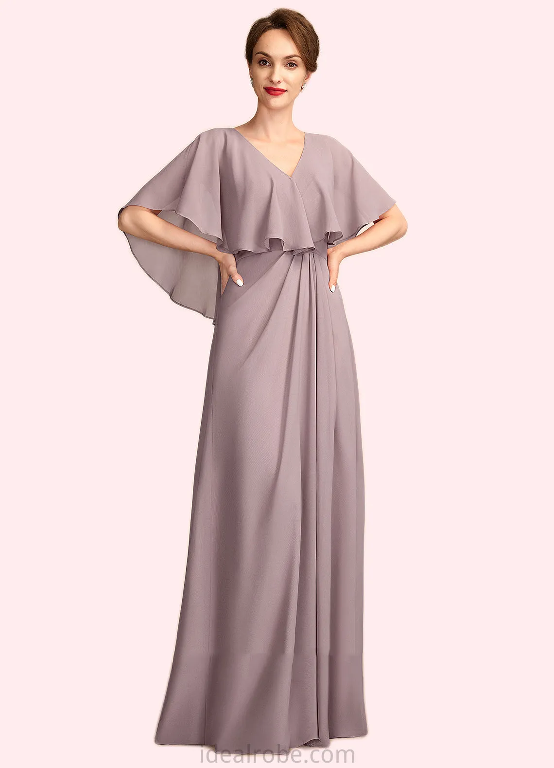 Addison A-Line V-neck Floor-Length Chiffon Mother of the Bride Dress With Ruffle STK126P0015026