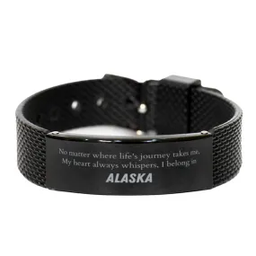 Alaska State Gifts, No matter where life's journey takes me, my heart always whispers, I belong in Alaska, Proud Alaska Black Shark Mesh Bracelet Birthday Christmas For Men, Women, Friends