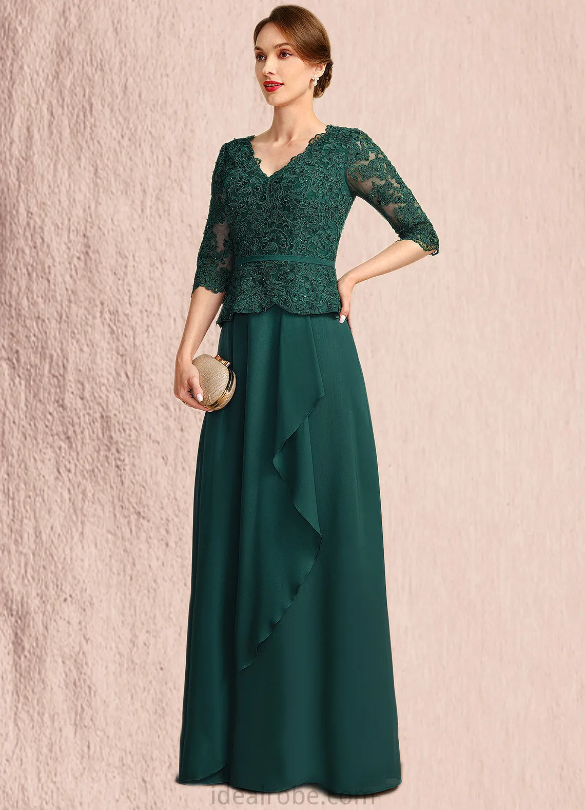 Anna A-line V-Neck Floor-Length Chiffon Lace Mother of the Bride Dress With Cascading Ruffles Sequins STKP0021934