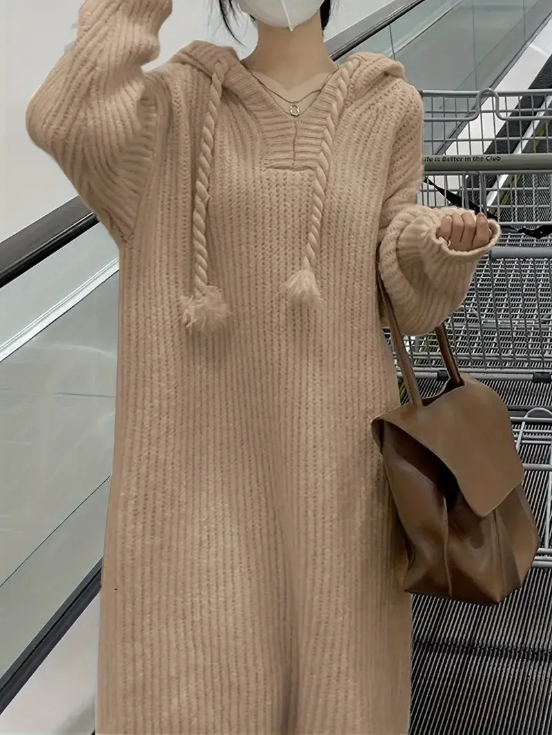 Apricot Long Long Sleeve Hooded Knit Dress