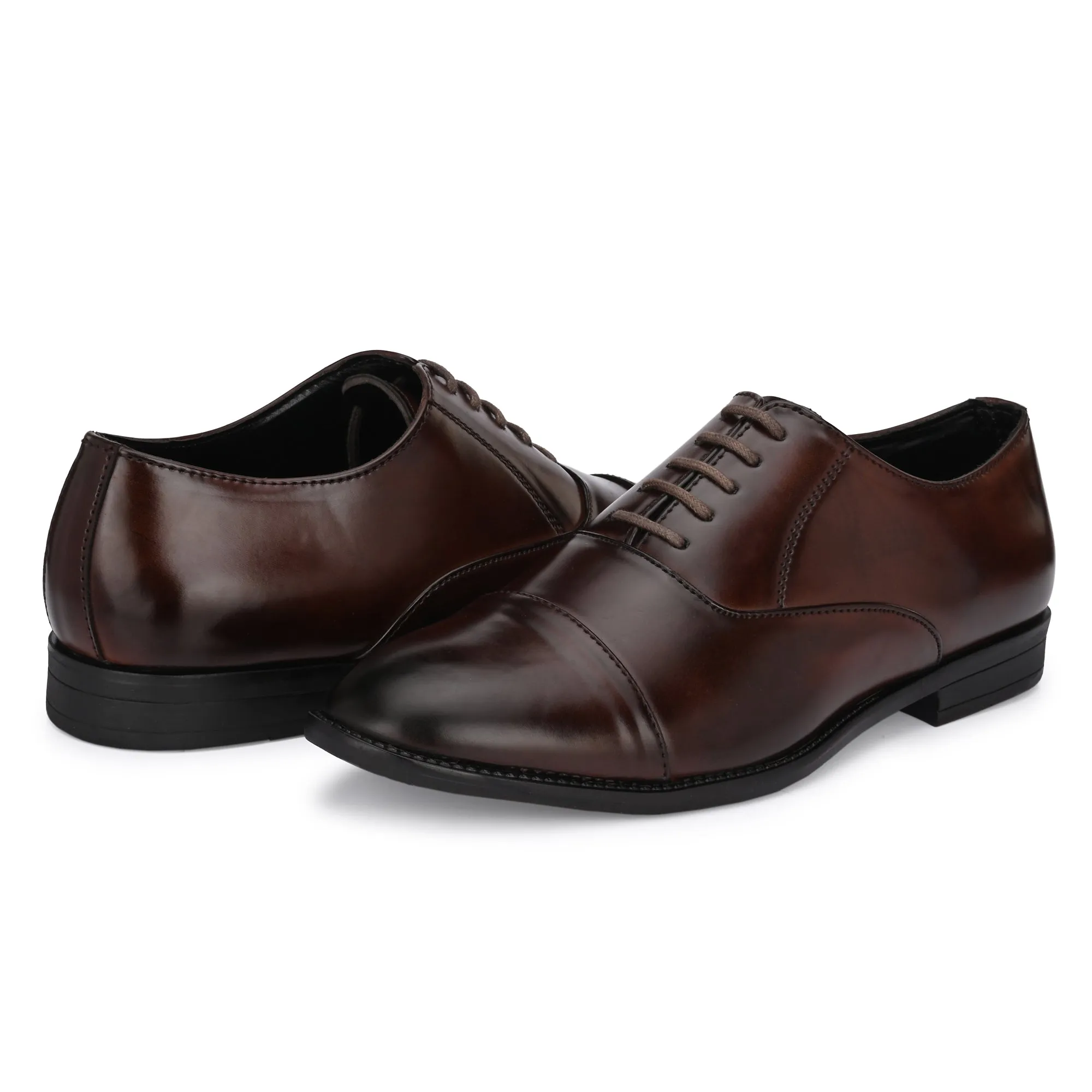 Attitudist Unisex Handcrafted Oxford Brown Plain Formal Laceup Derby Shoes With Cap Toe