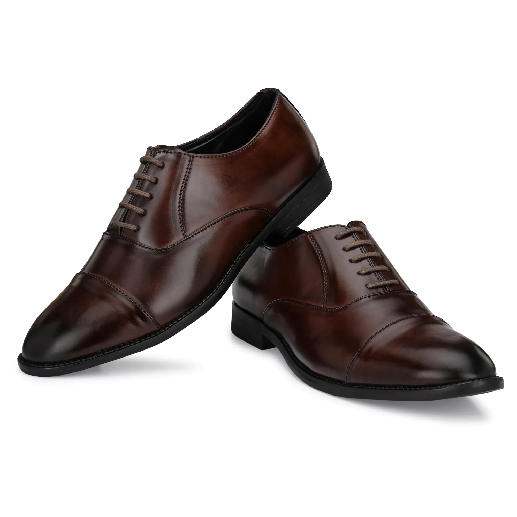 Attitudist Unisex Handcrafted Oxford Brown Plain Formal Laceup Derby Shoes With Cap Toe