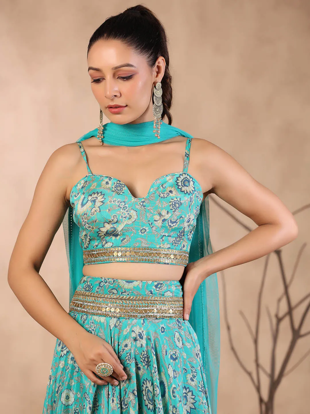 Azure Blue Crepe Lehenga Choli Set