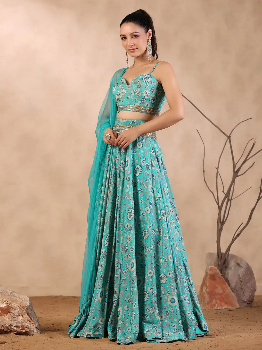 Azure Blue Crepe Lehenga Choli Set