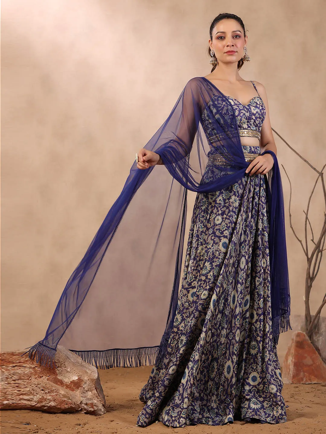 Azure Blue Crepe Lehenga Choli Set