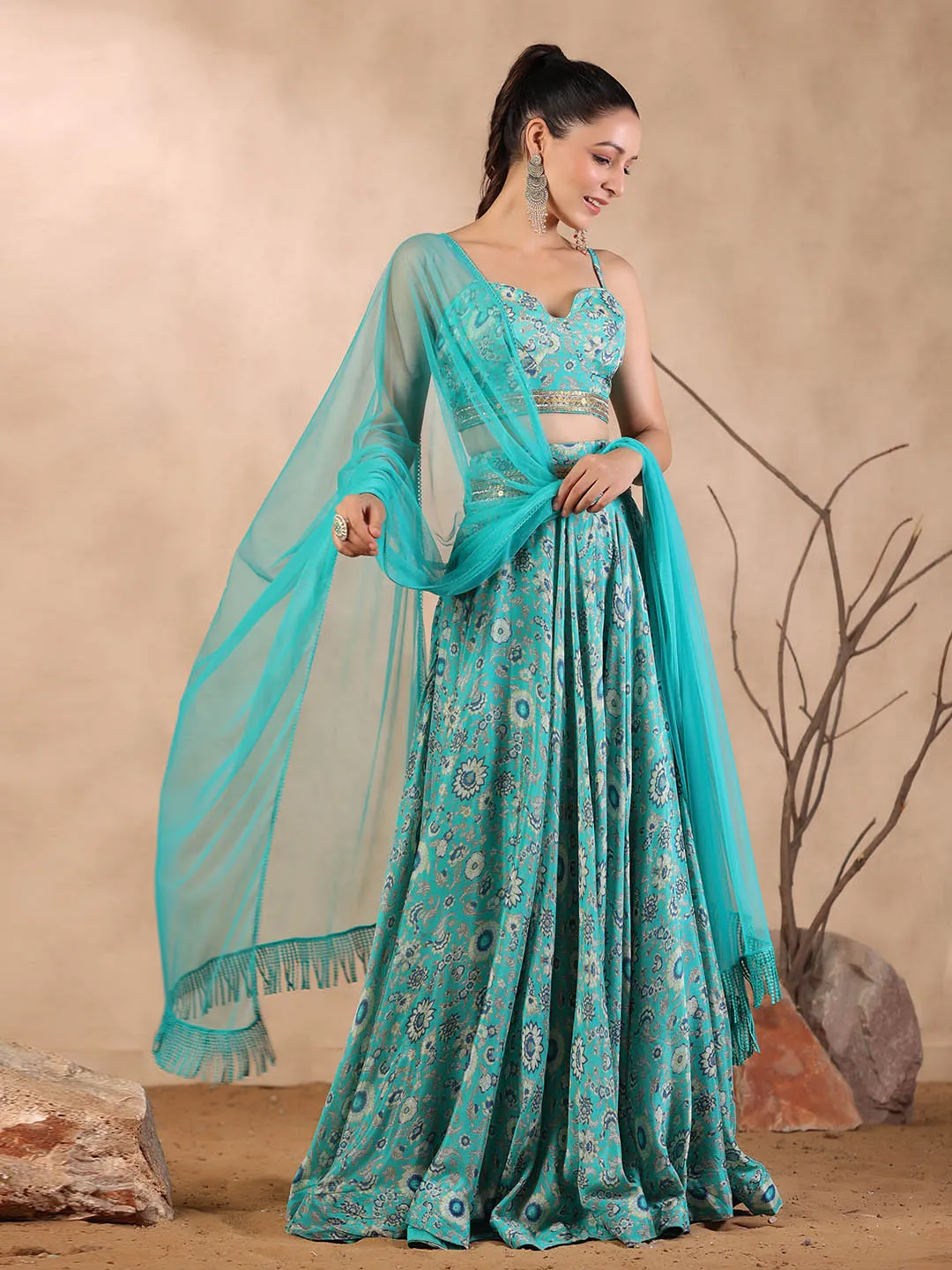 Azure Blue Crepe Lehenga Choli Set