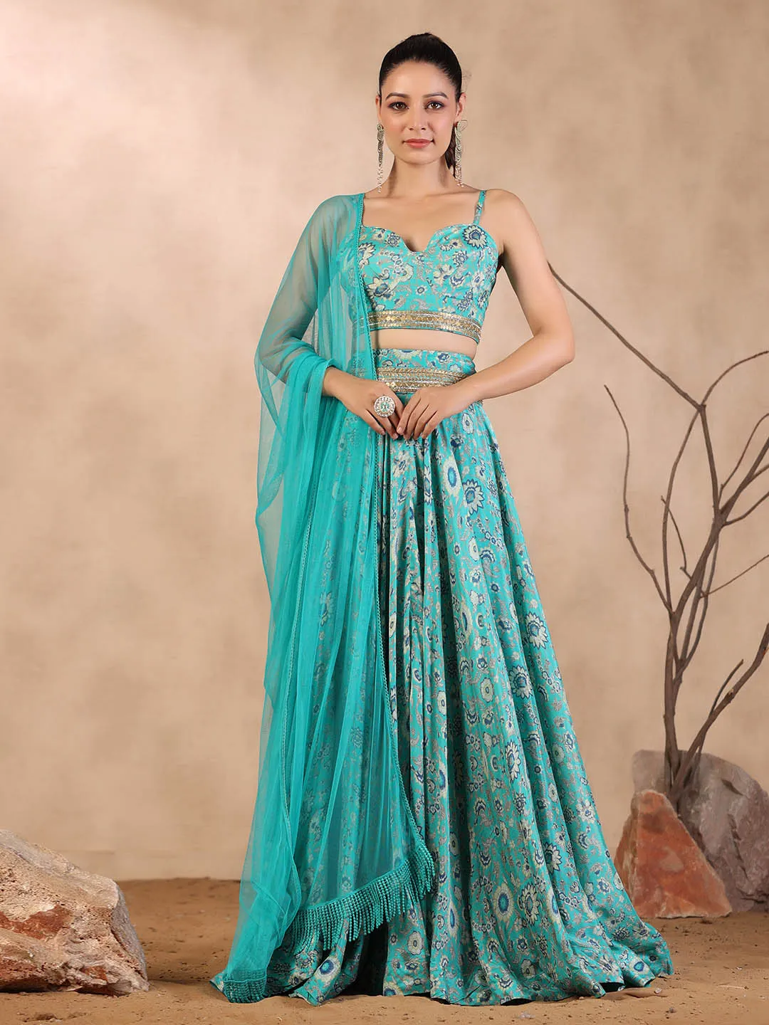 Azure Blue Crepe Lehenga Choli Set