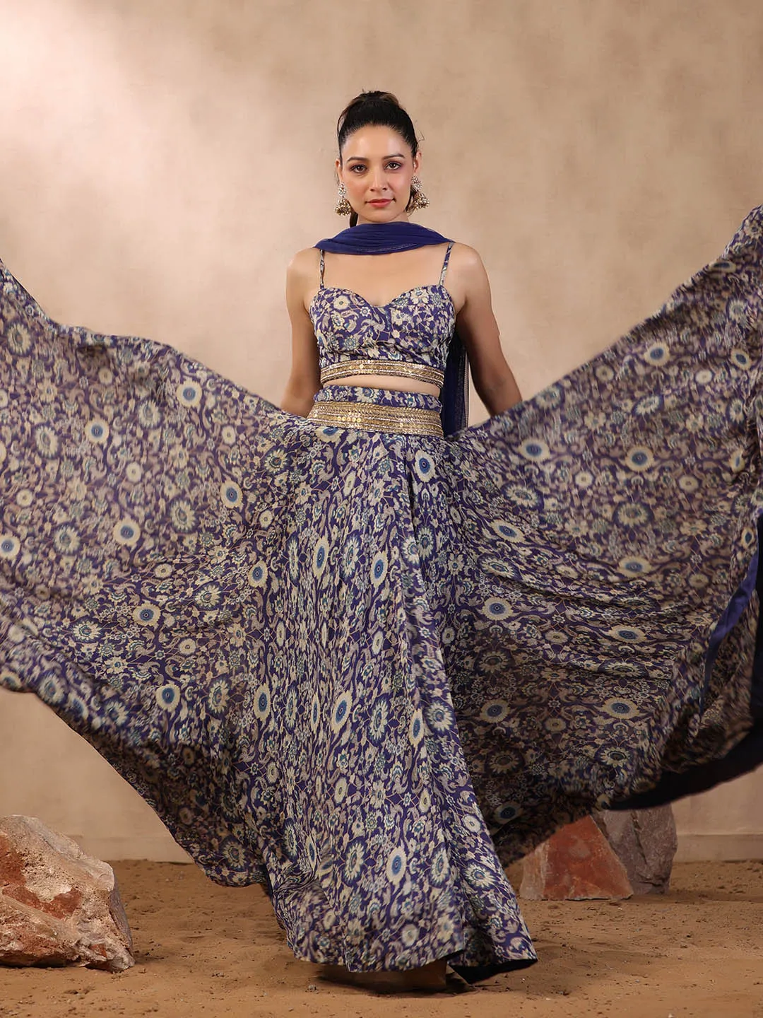 Azure Blue Crepe Lehenga Choli Set