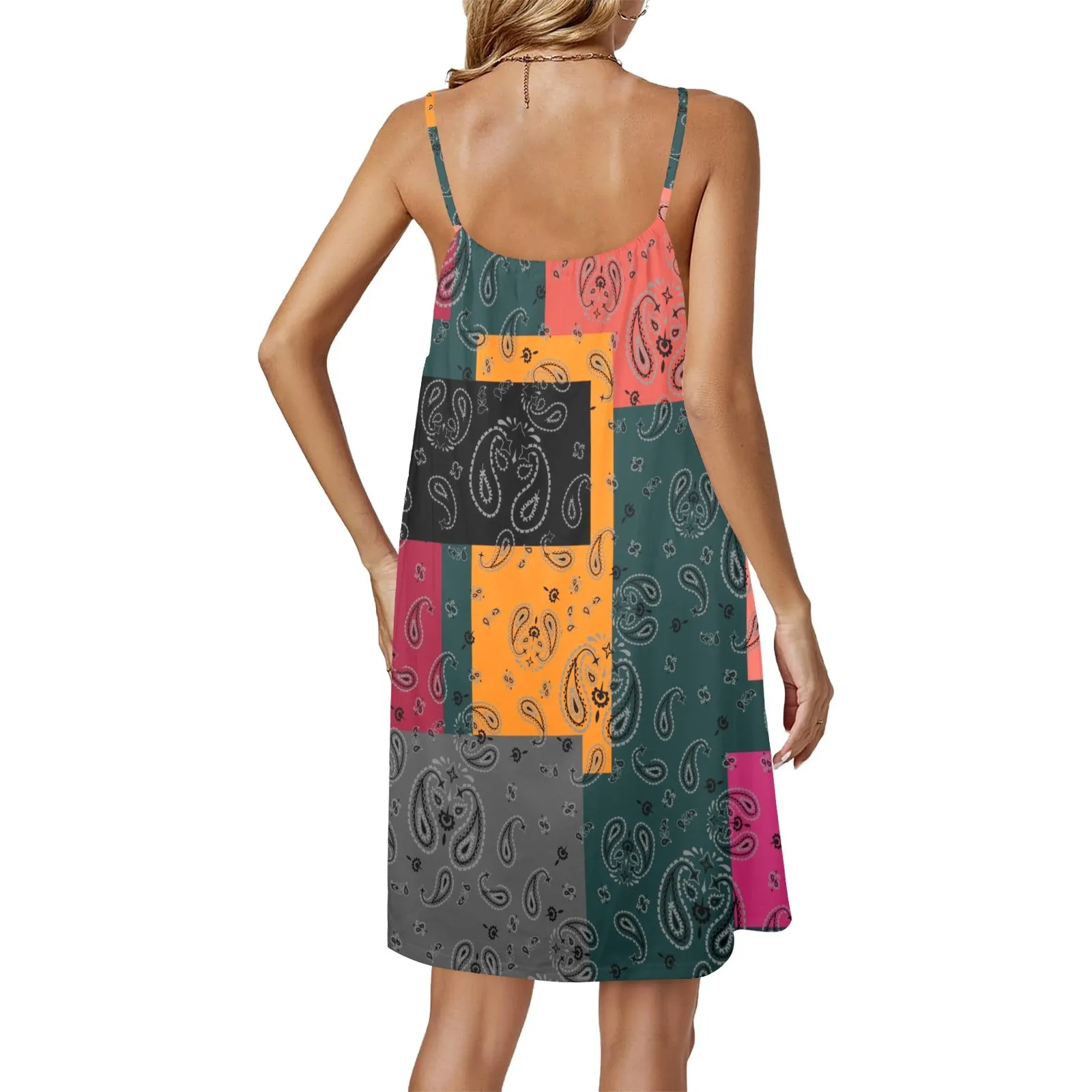 bandana print calico yoga_leggings_template-Recovered-Recovered copy Drawstring Neck Sleeveless Dress (Model D68)