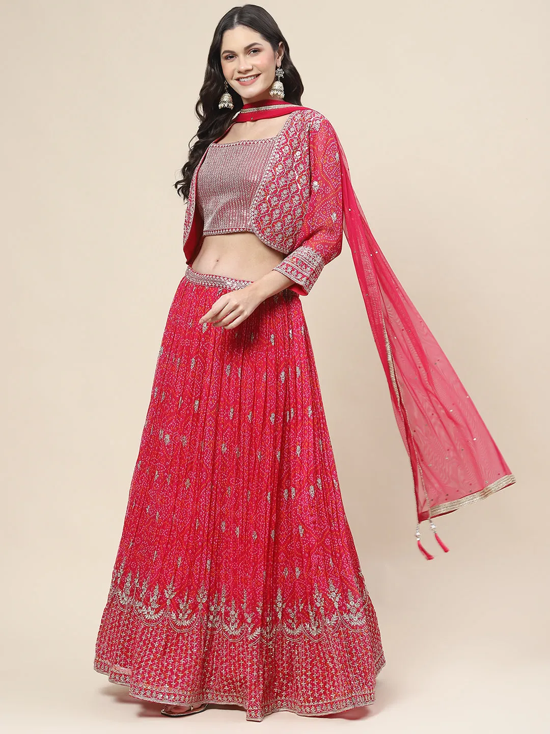 Bandhani Print Georgette Choli With Jacket, Choli & Dupatta