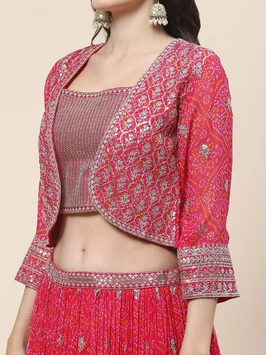 Bandhani Print Georgette Choli With Jacket, Choli & Dupatta