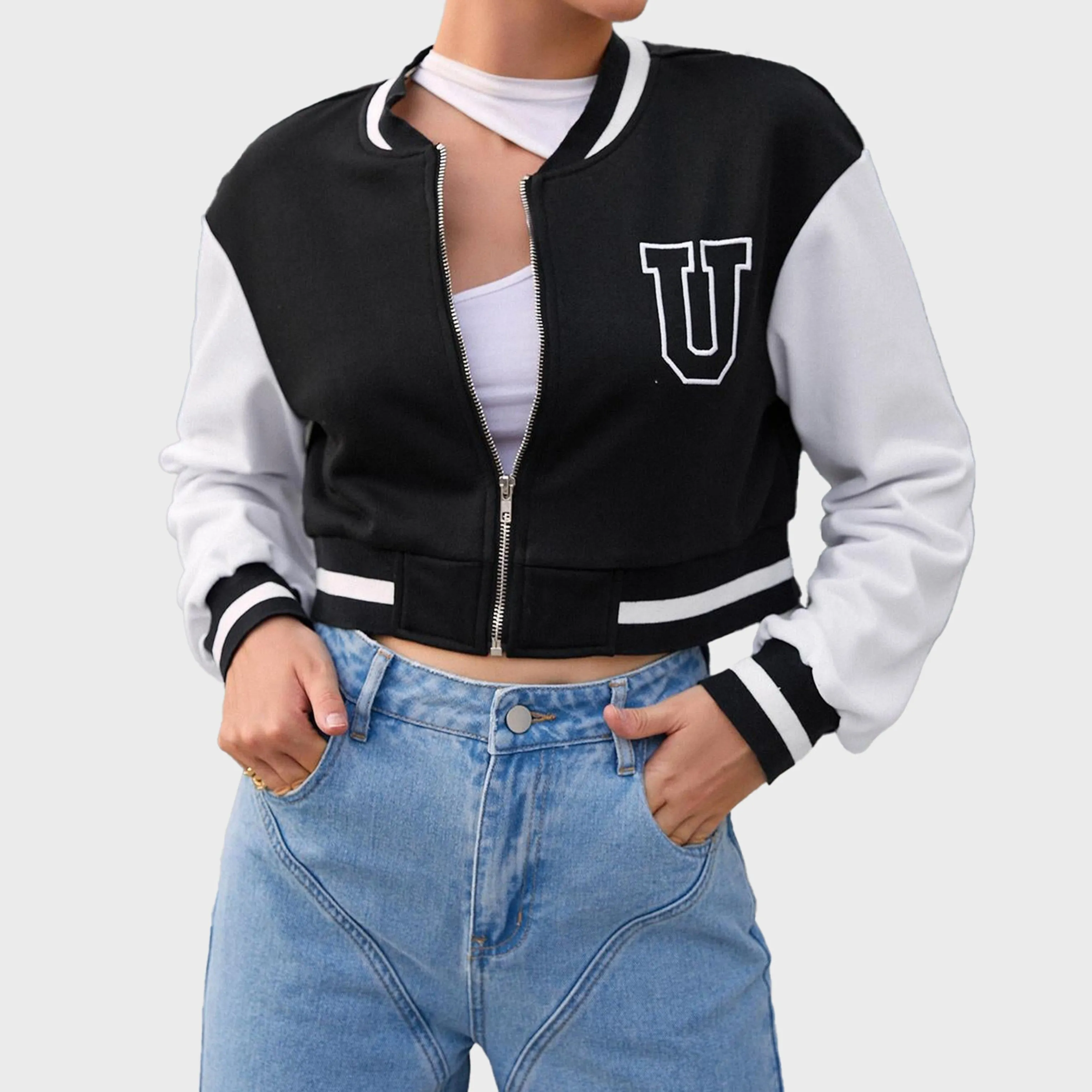 Black Crop-Varsity -Bomber-Jacket