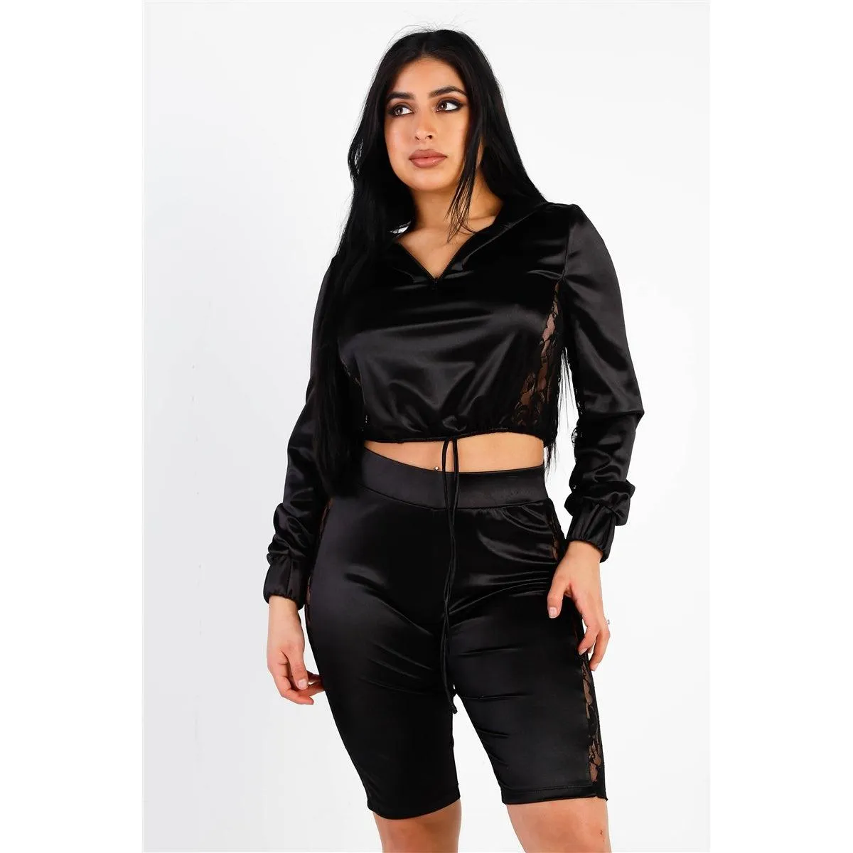 Black Satin Lace Details Long Sleeve Hooded Crop Top & Biker Short Set