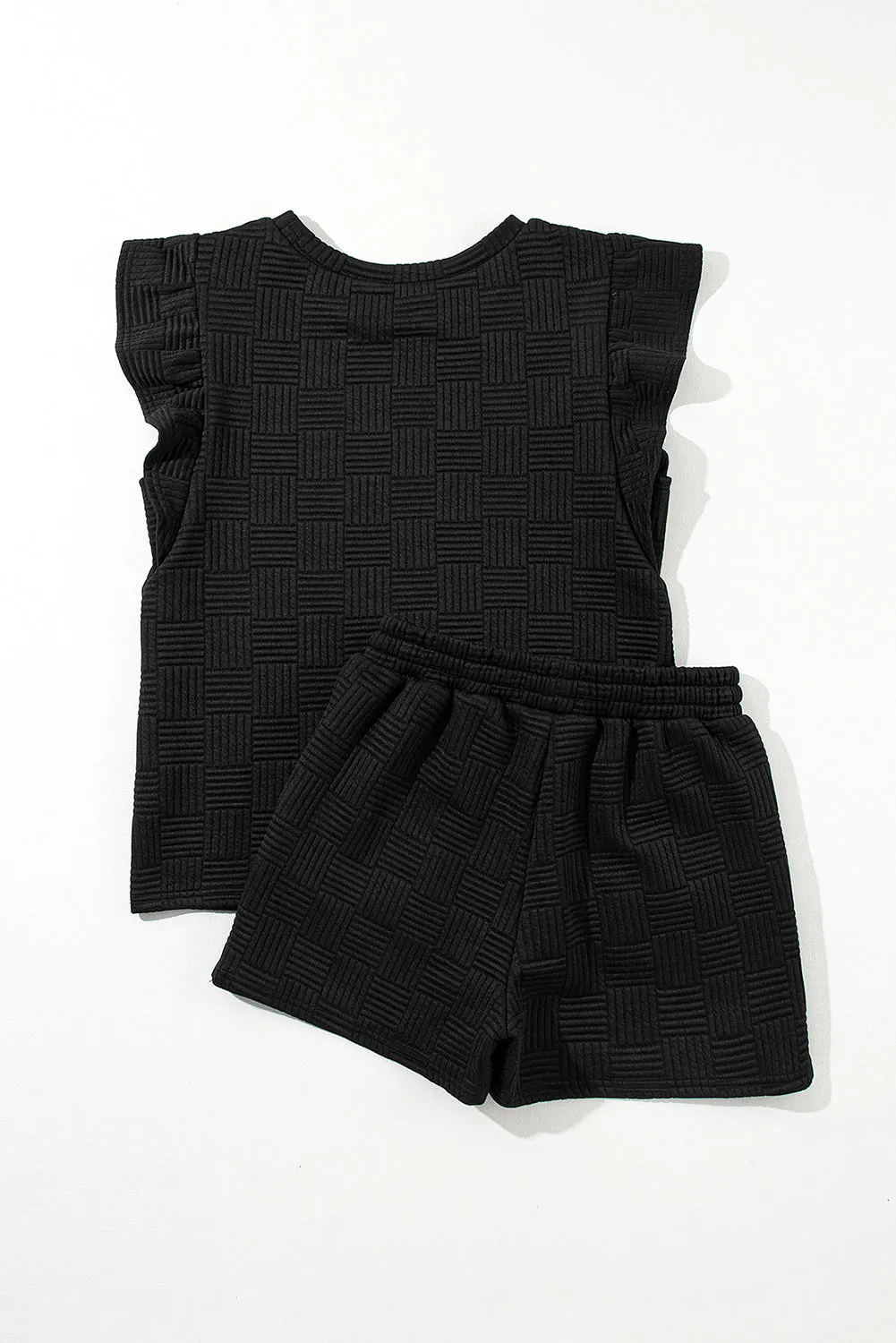 Black Textured Ruffled Sleeve Tee and Drawstring Shorts Set (Takes 2 Weeks Delivery)