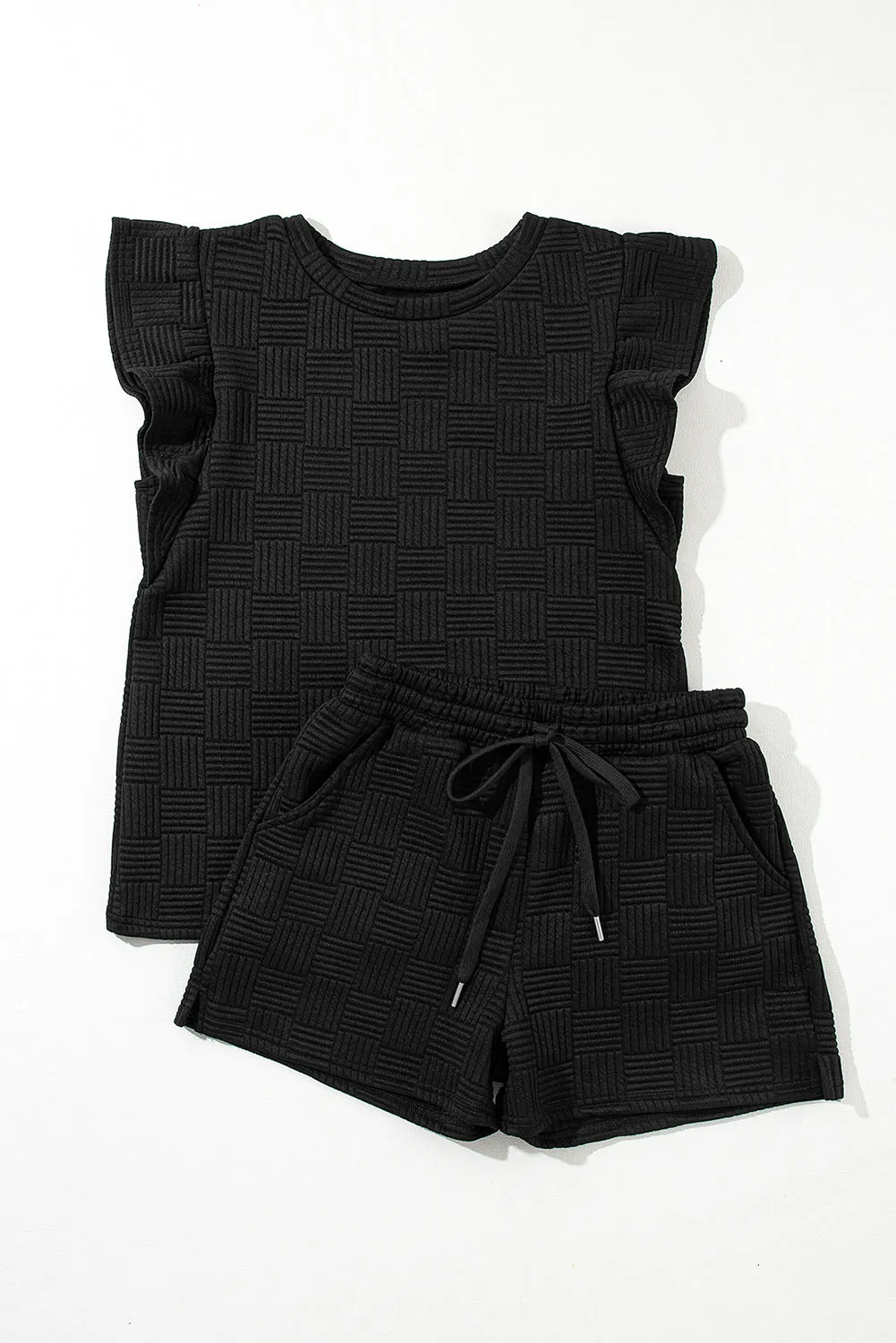 Black Textured Ruffled Sleeve Tee and Drawstring Shorts Set (Takes 2 Weeks Delivery)