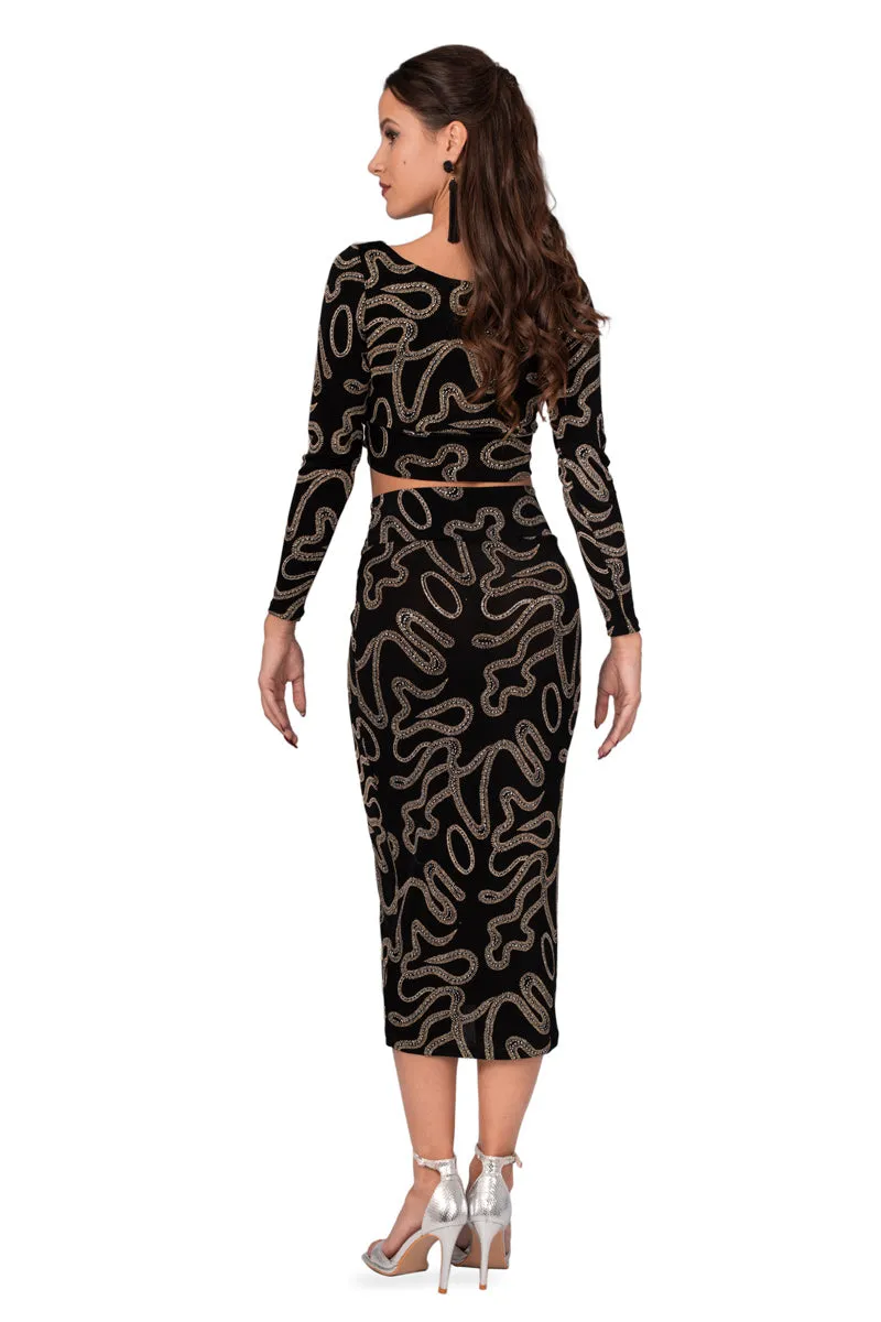 Black Twist Knot Bodycon Midi Skirt With Sparkling Gold Details