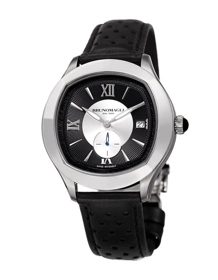 Bruno Magli Amadeo Mens Leather Dial Watch - Stainless Steel - Black Leather