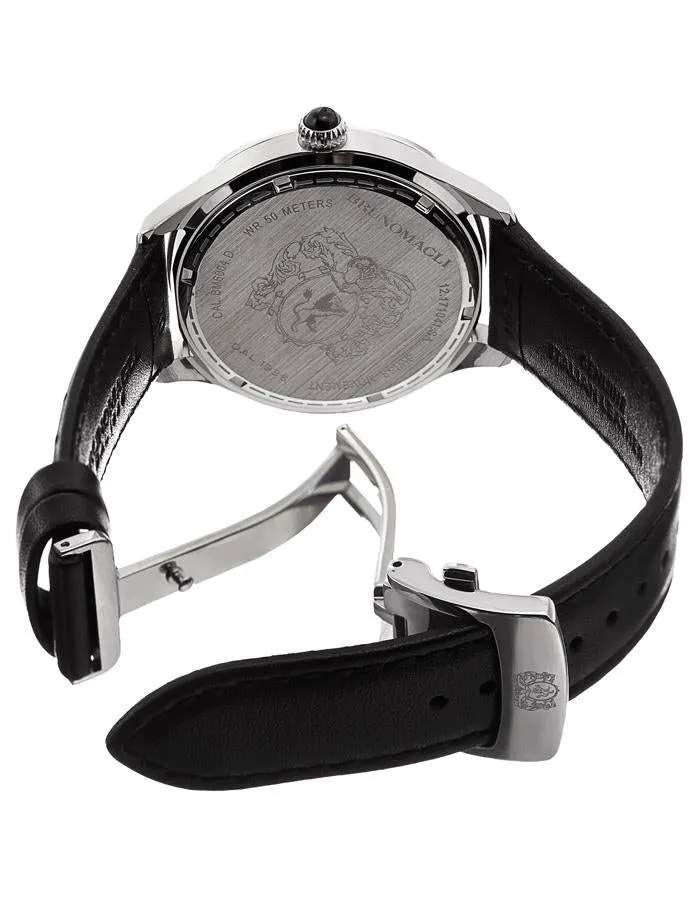 Bruno Magli Amadeo Mens Leather Dial Watch - Stainless Steel - Black Leather