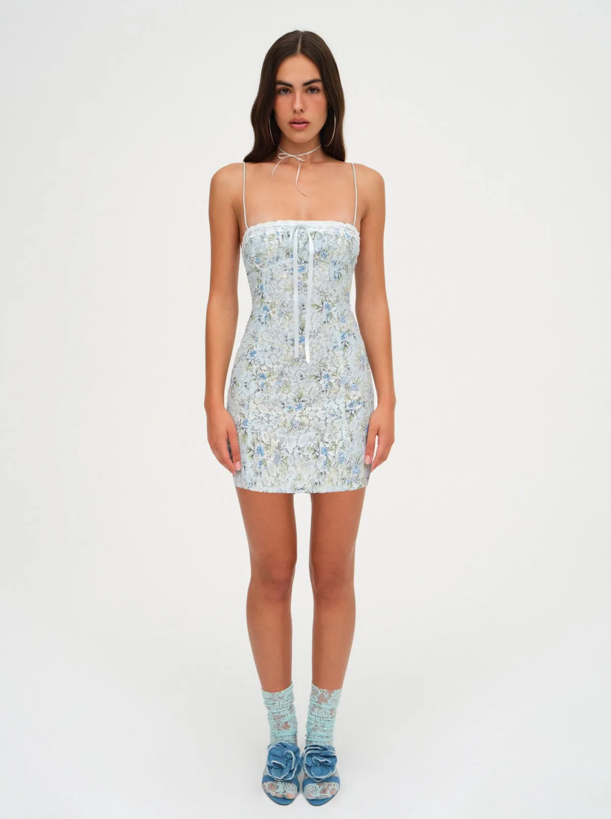 Claire Lace Mini Dress in Blue