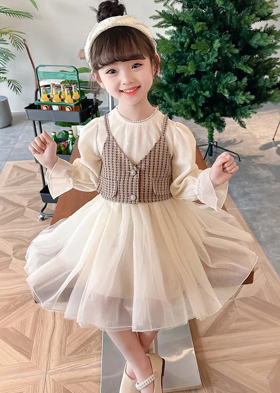 Coffee Wrinkled Tulle Girls Two Pieces Set O Neck Long Sleeve XZ076