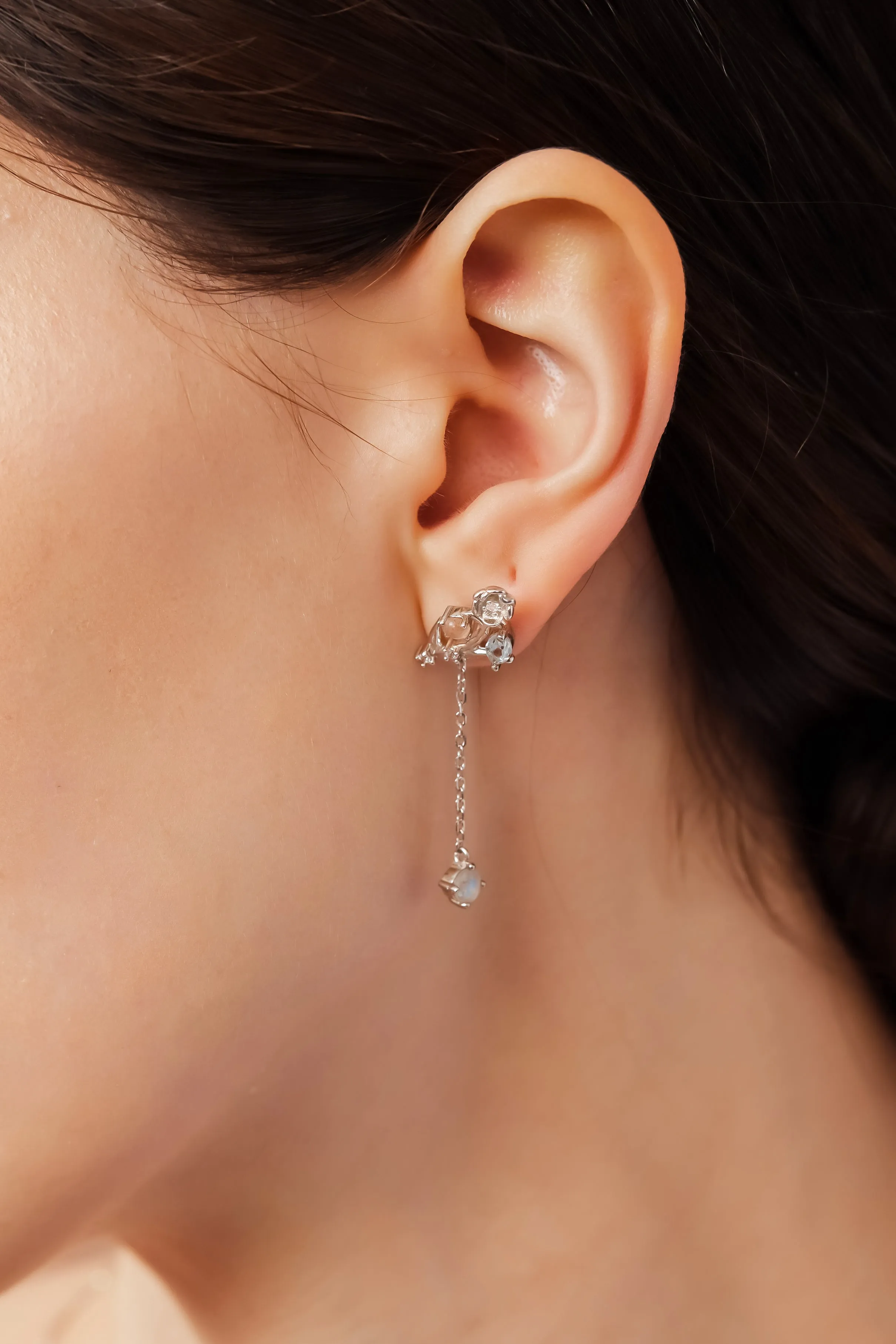 (Coming on 1/5) Moonstone, Sunstone, Blue Topaz Silver Asymmetrical Earrings - Lily of the Valley