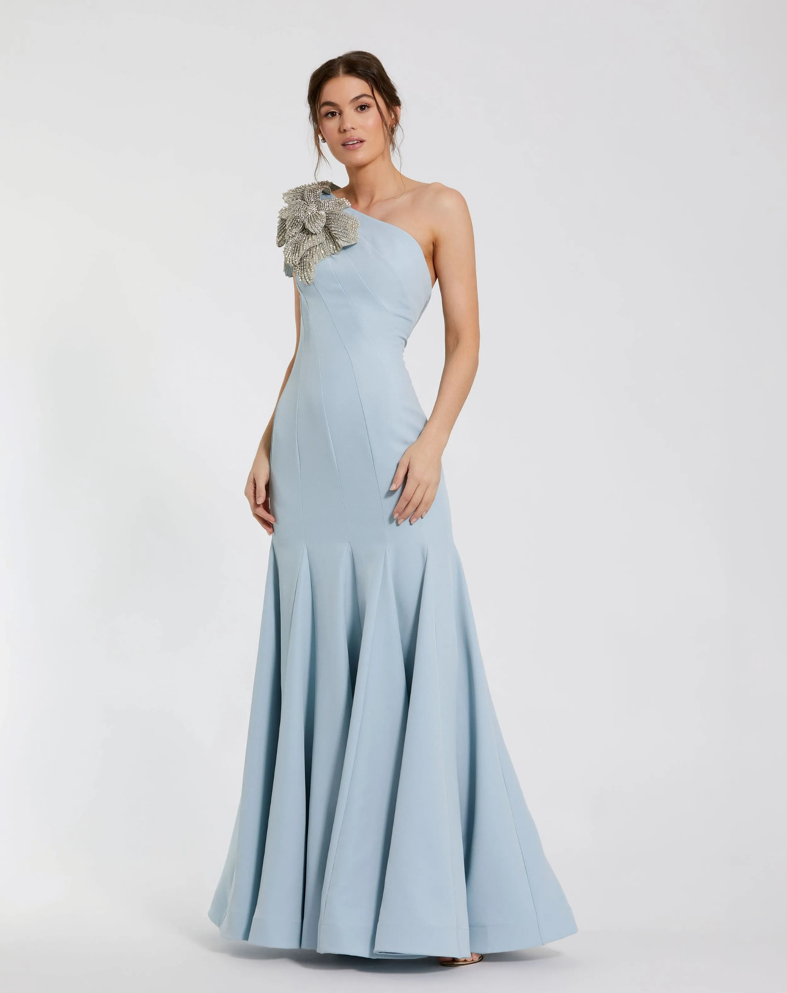 Crepe One Shoulder Gown With Flower