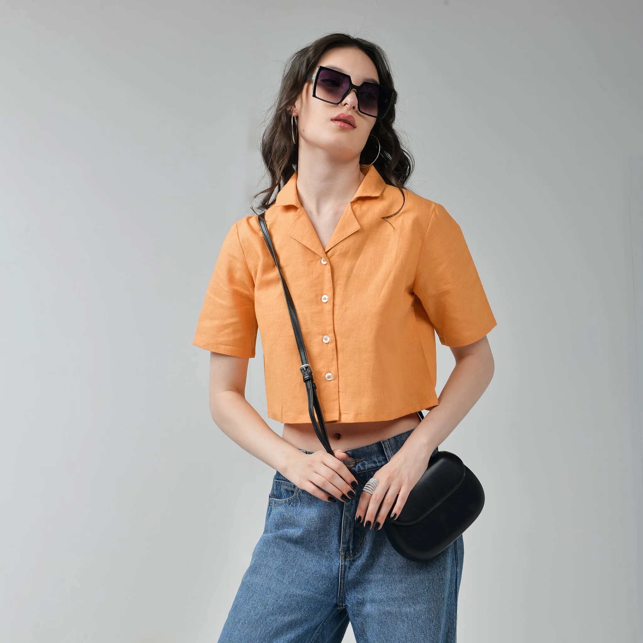 Crop Linen Shirt for women - Orange