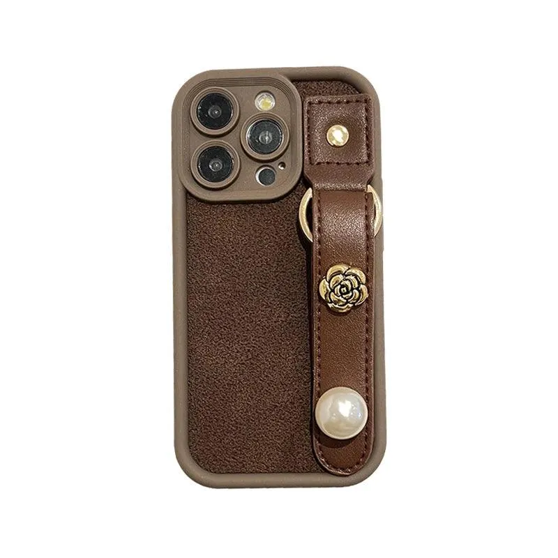 Cute Leather Phone Case with Fashion Wrist Strap for iPhone 11, 12, 13, 14, 15 Pro Max, XS, XR, X, and 15 Plus