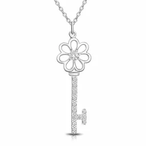 CZ Flower Key Necklace Silver