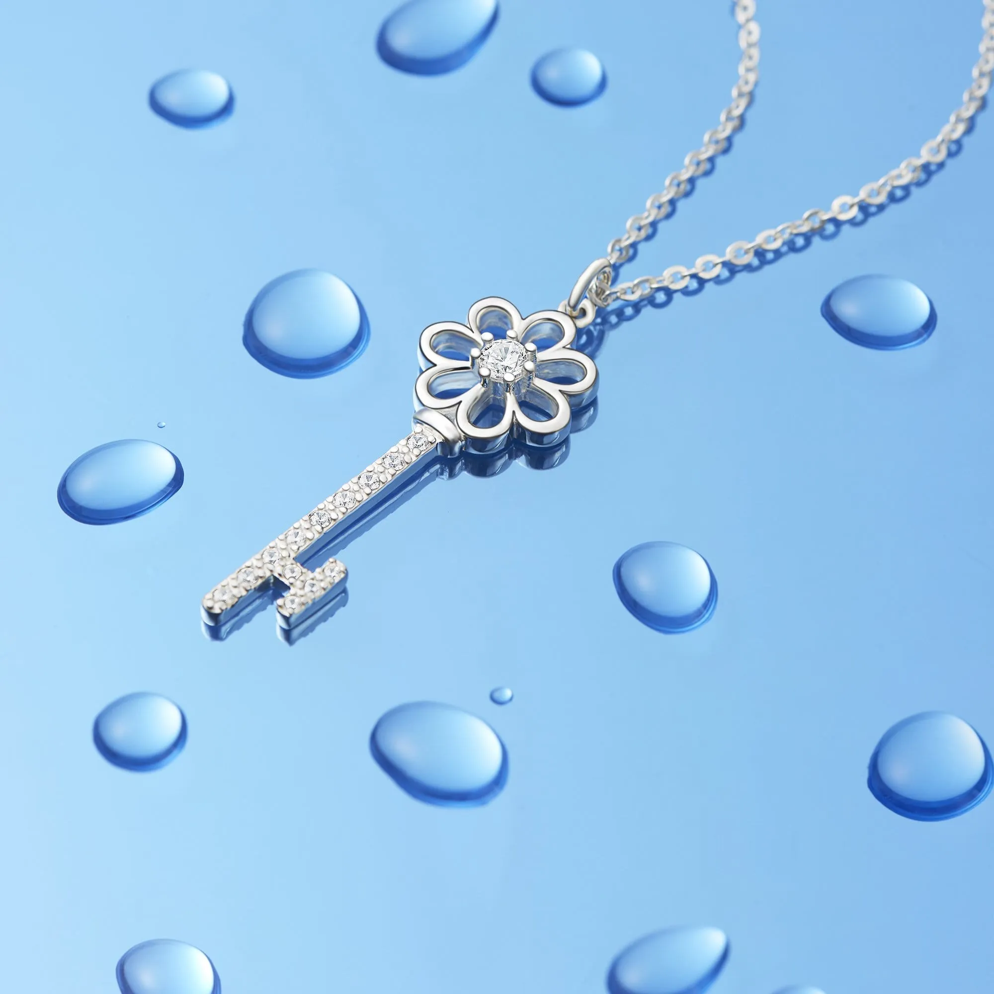 CZ Flower Key Necklace Silver