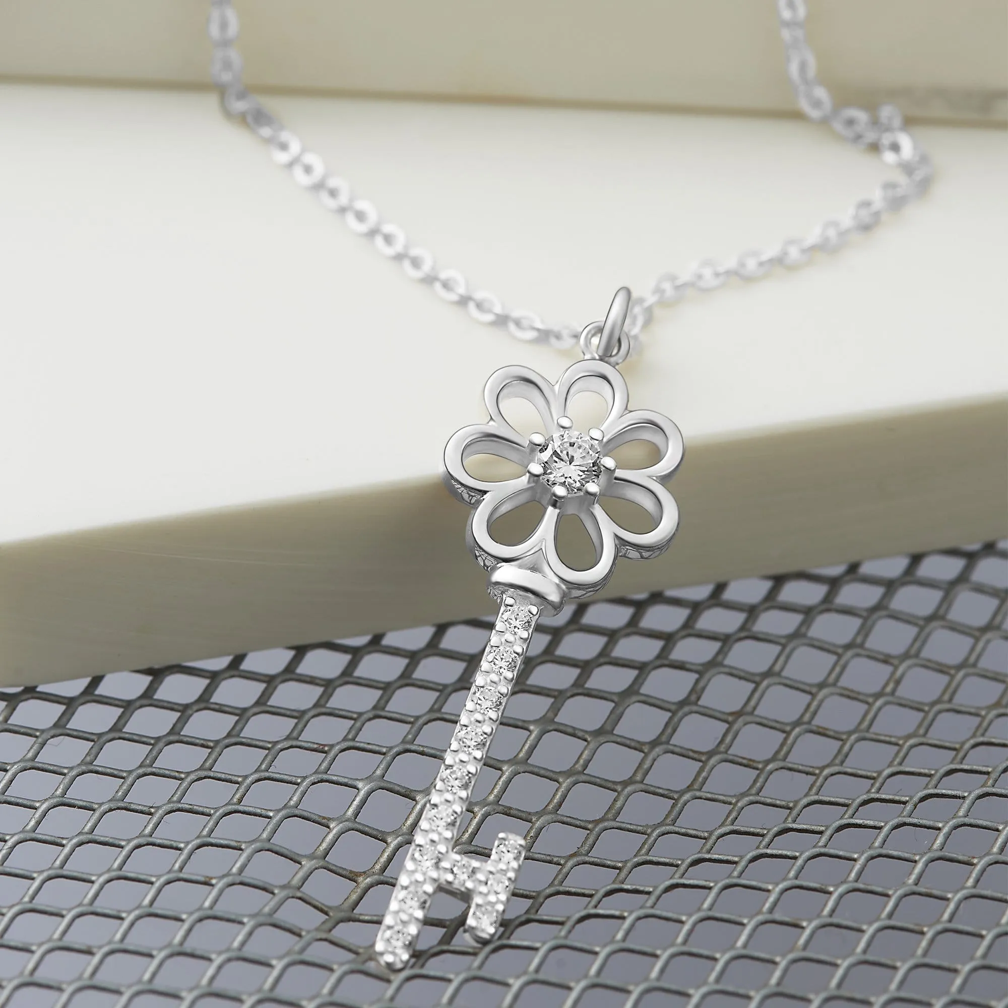 CZ Flower Key Necklace Silver