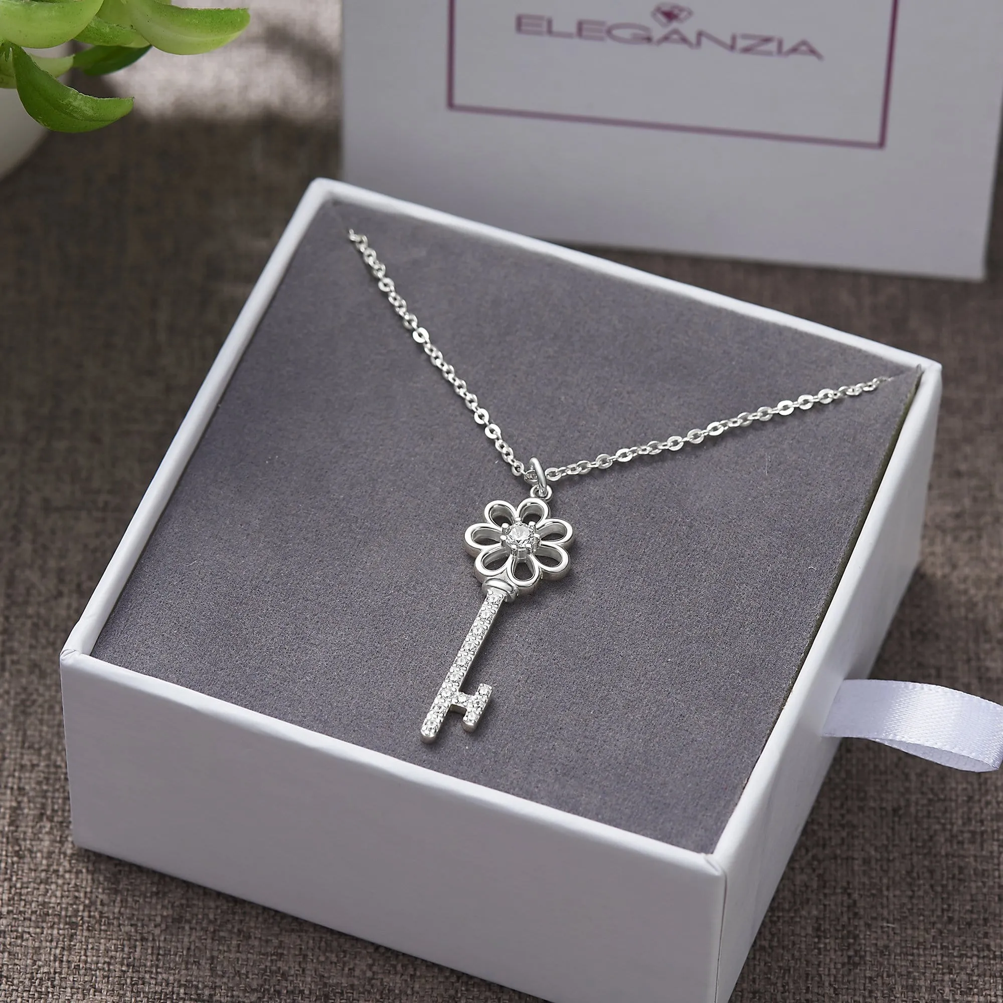 CZ Flower Key Necklace Silver