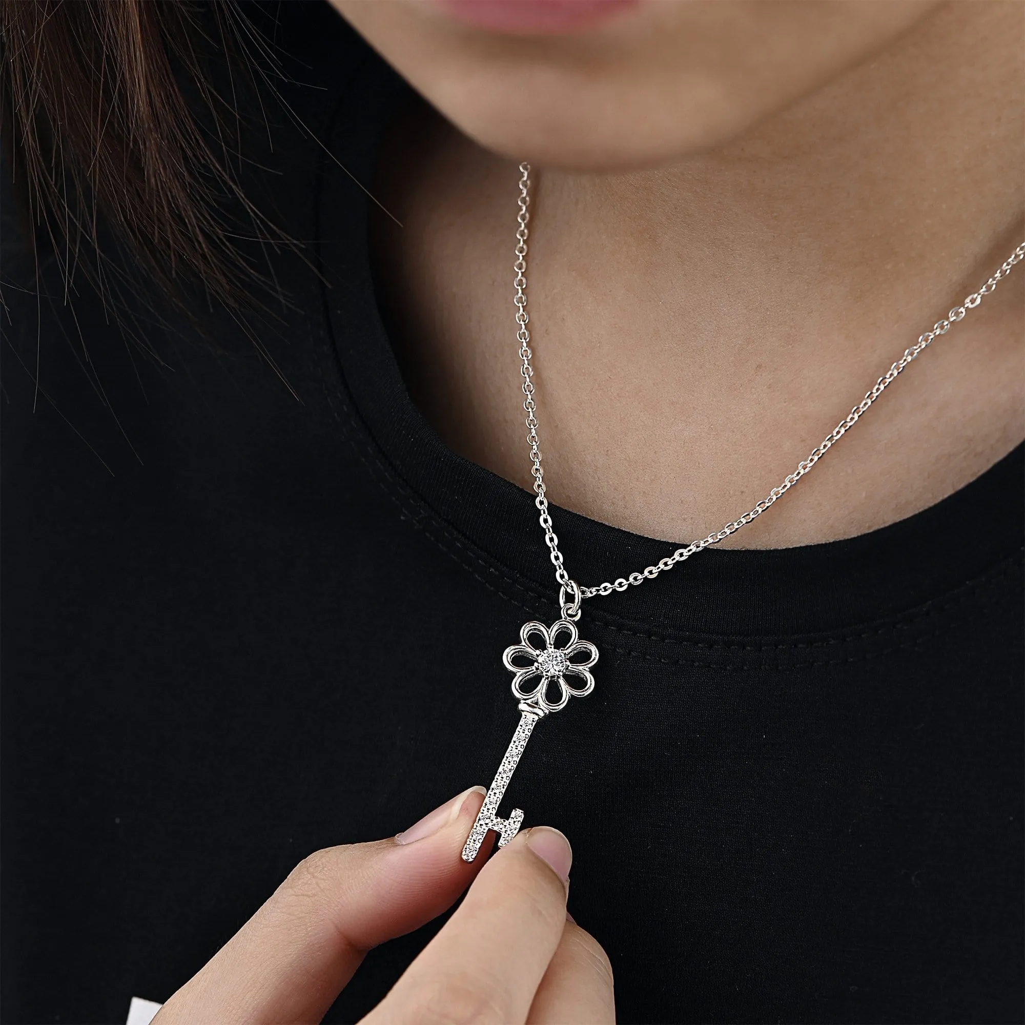 CZ Flower Key Necklace Silver