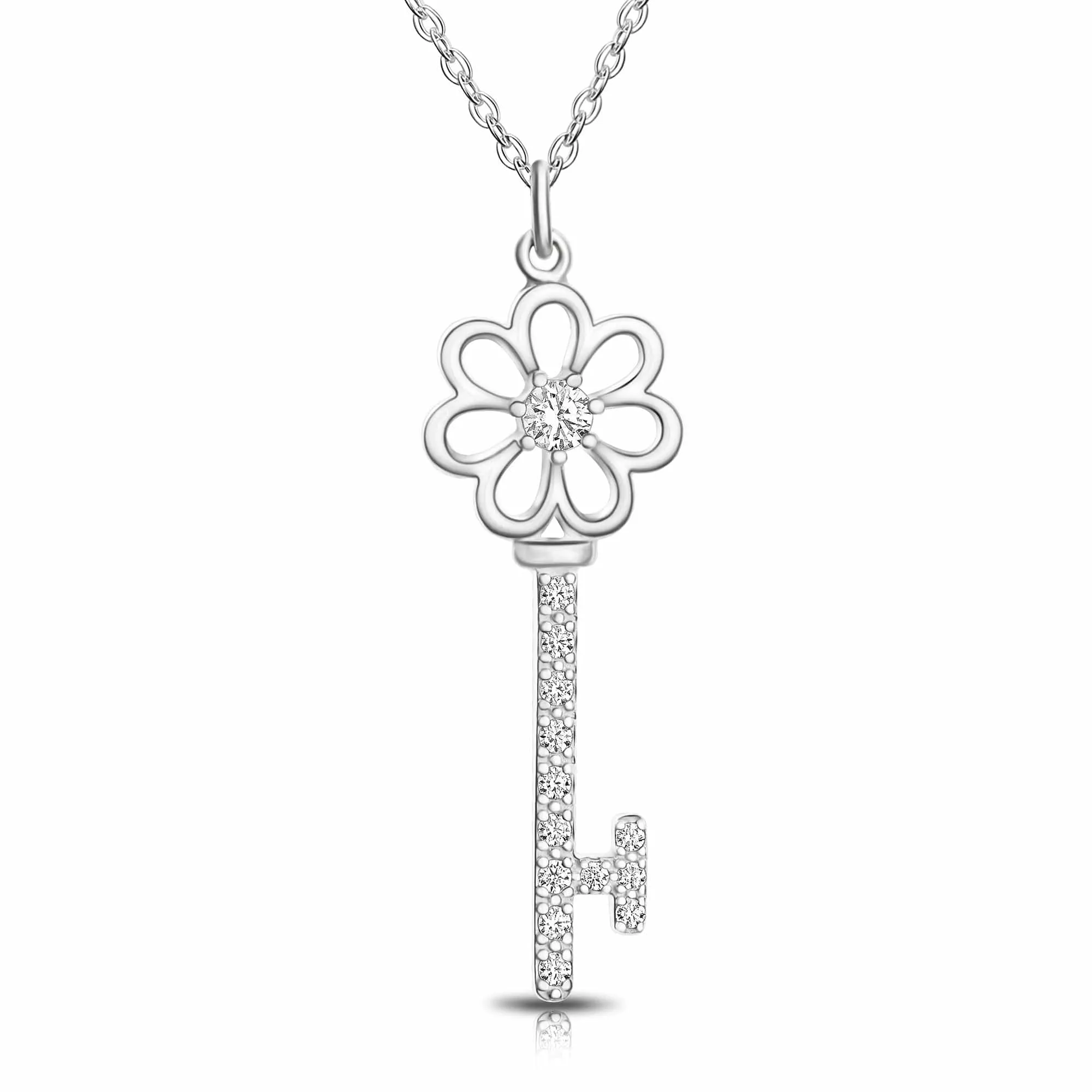 CZ Flower Key Necklace Silver