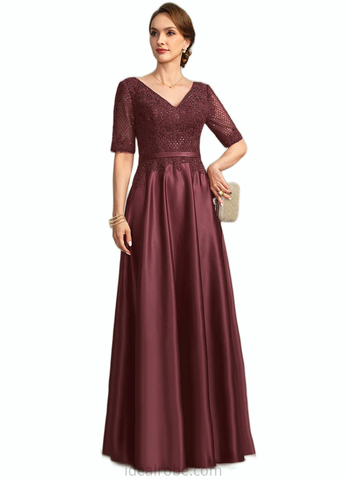 Deborah A-line V-Neck Floor-Length Lace Satin Mother of the Bride Dress With Sequins STKP0021803