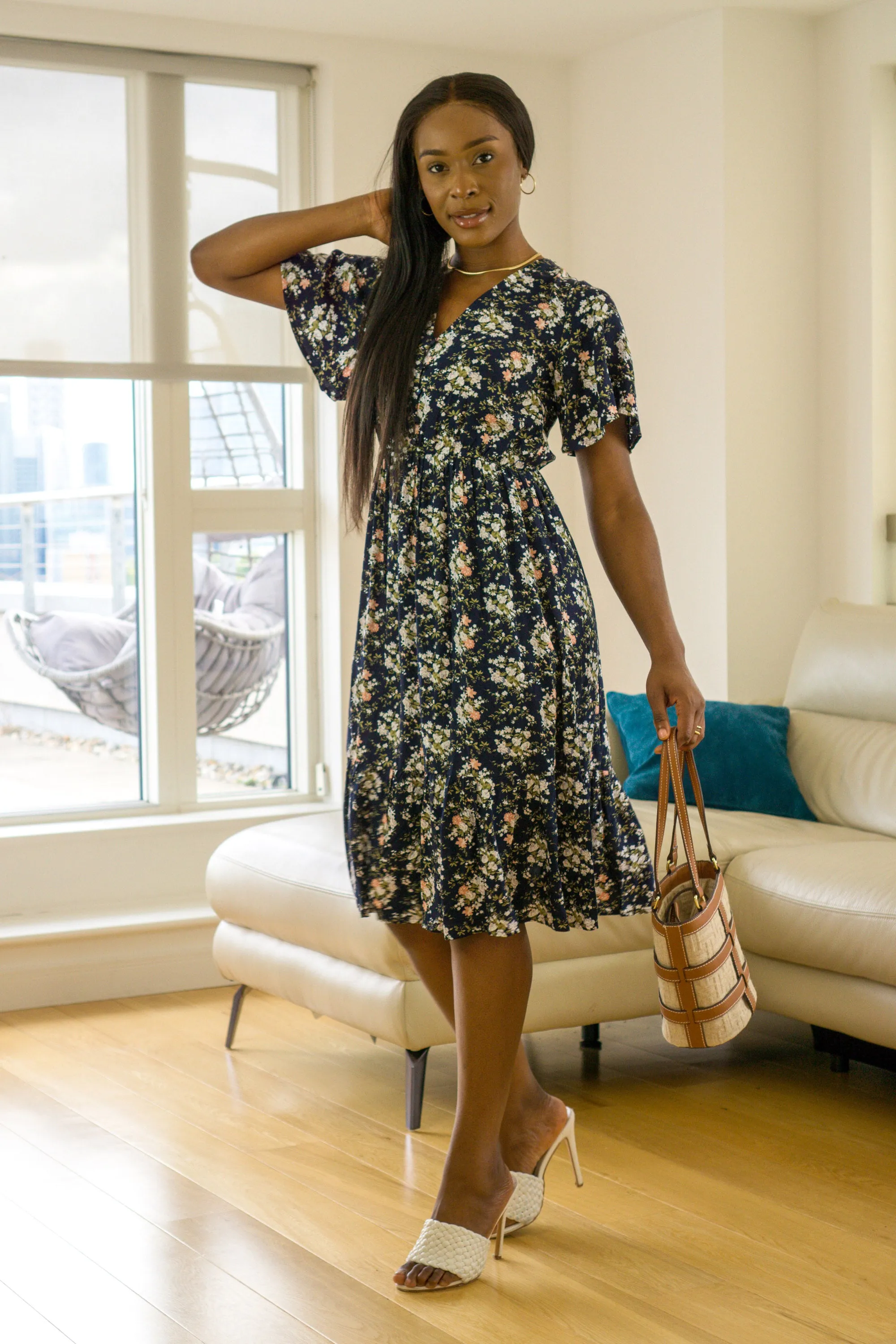 Double Second Navy Floral Keyhole Back Tiered Midi Dress