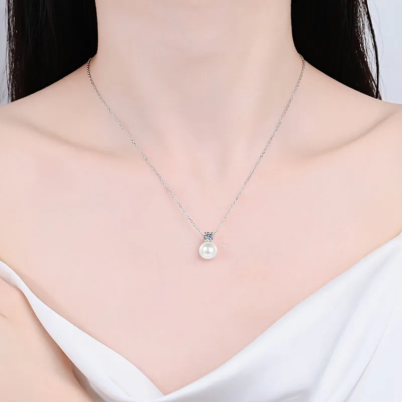 Elegant Round Moissanite Pendant Necklace with Faux Pearls - Perfect for Daily Wear and Dressy Occasions