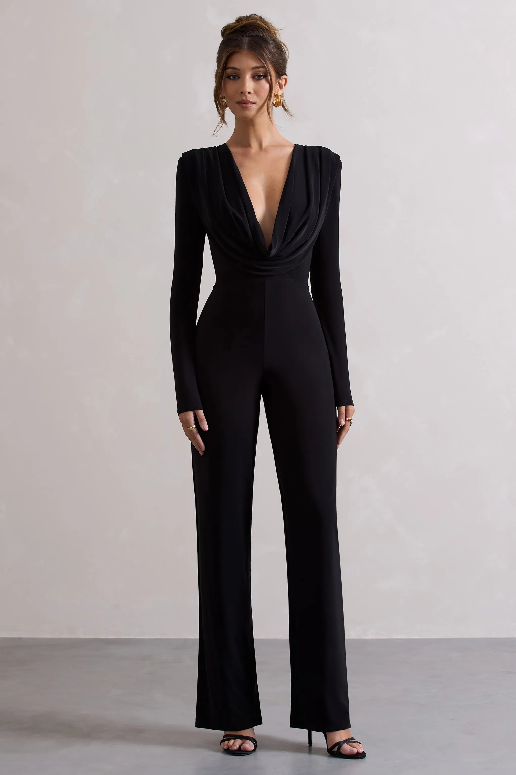 Elisha | Black Plunge-Neck Wide-Leg Jumpsuit