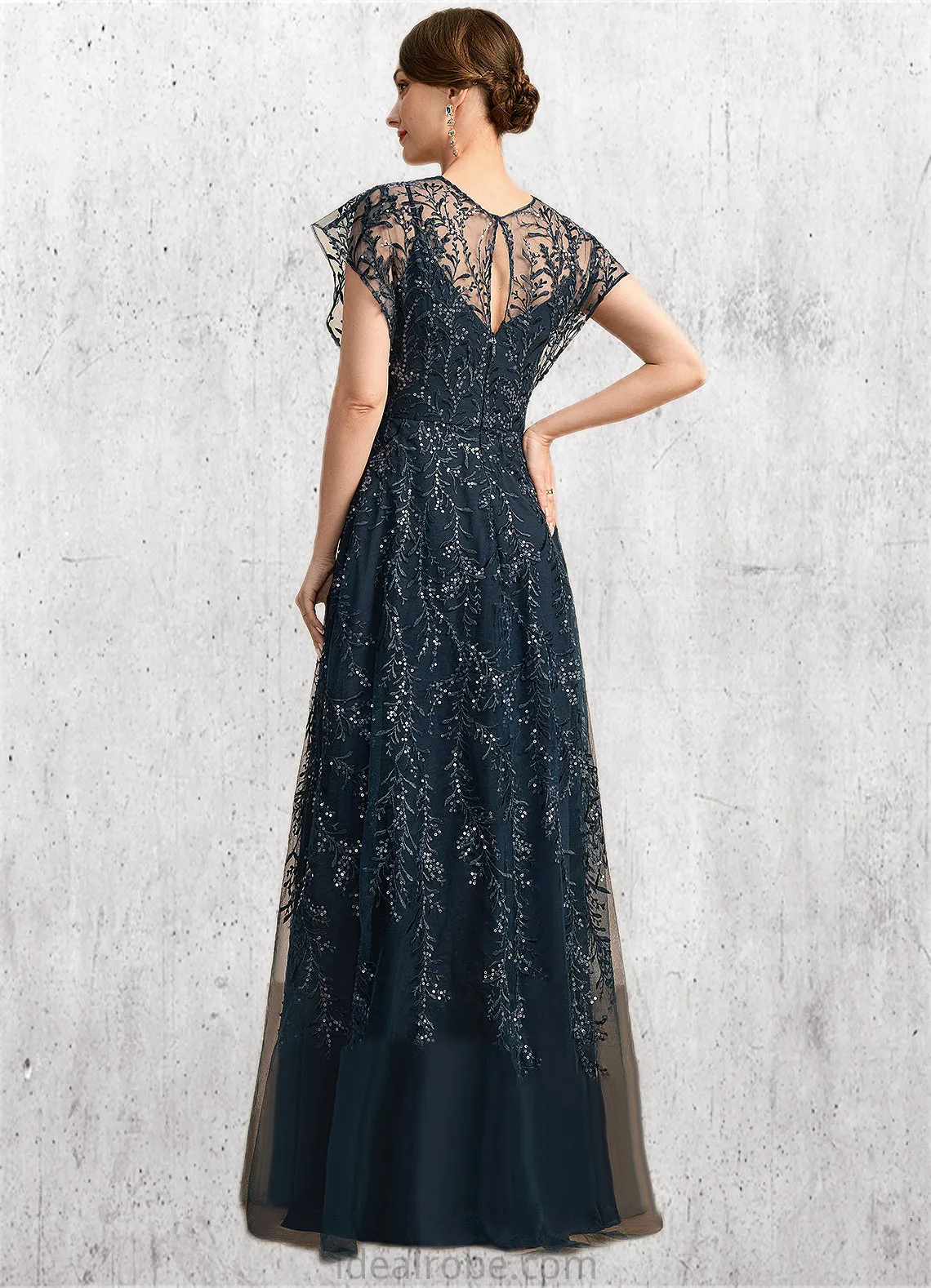 Elizabeth A-line Scoop Illusion Floor-Length Lace Tulle Mother of the Bride Dress With Sequins STKP0021896