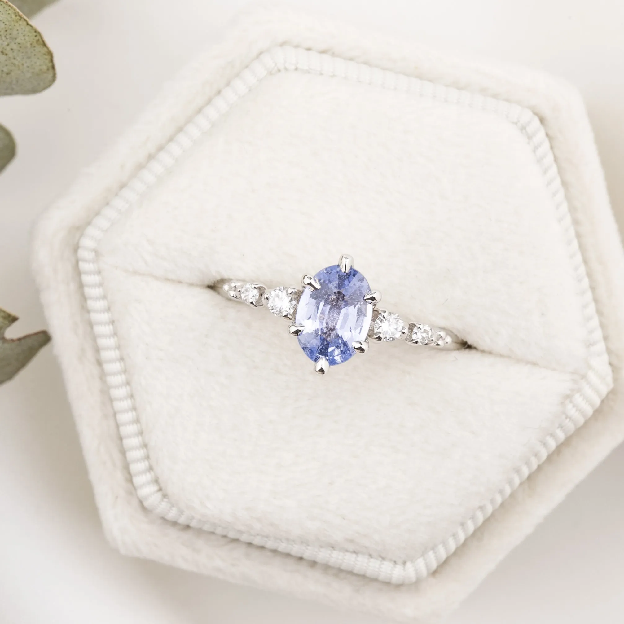 Estel Fleur Ring 1.1ct Light Blue Unheated Sapphire, 14K White Gold (One of a kind)