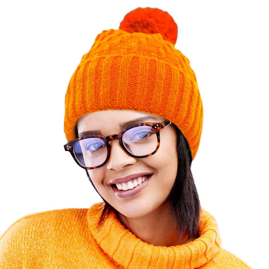 Fleece Lining Solid Knit Faux Fur Pom Pom Beanie Hat