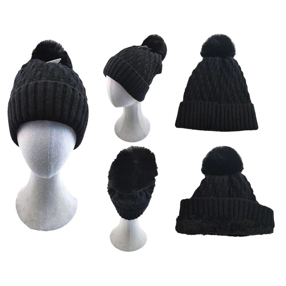 Fleece Lining Solid Knit Faux Fur Pom Pom Beanie Hat