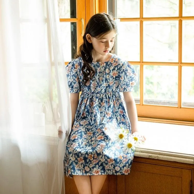 Floral Puff Sleeve Dress for Girls - Blue (Size: 160cm)