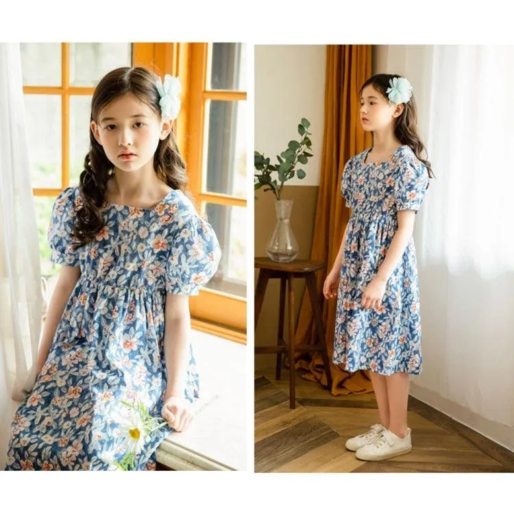 Floral Puff Sleeve Dress for Girls - Blue (Size: 160cm)