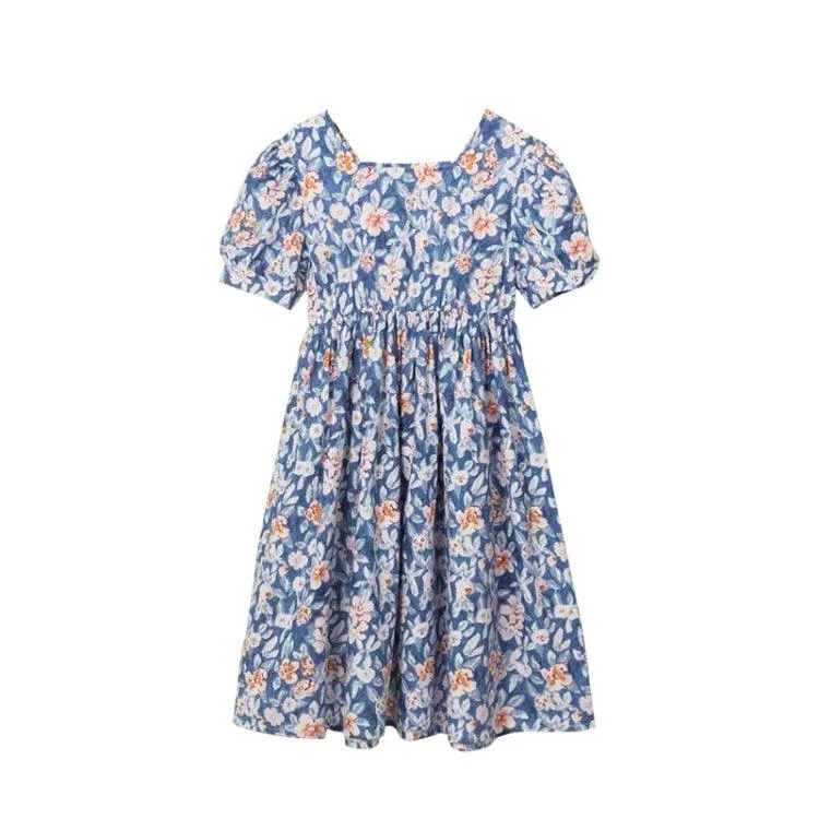 Floral Puff Sleeve Dress for Girls - Blue (Size: 160cm)