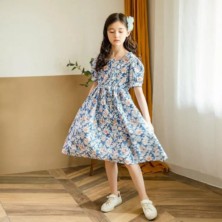 Floral Puff Sleeve Dress for Girls - Blue (Size: 160cm)